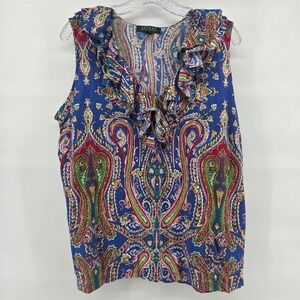 Lauren Ralph Lauren Top 2X Blue Paisley Ruffle Preppy Maximalist Colorful
